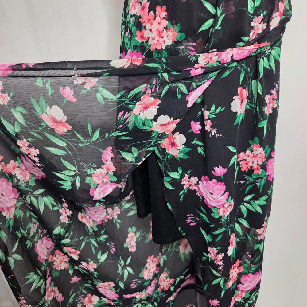 GUESS Ruffled High-Low Sleeveless Maxi Dress Black Pink Floral Size 10 - Picture 8 of 14